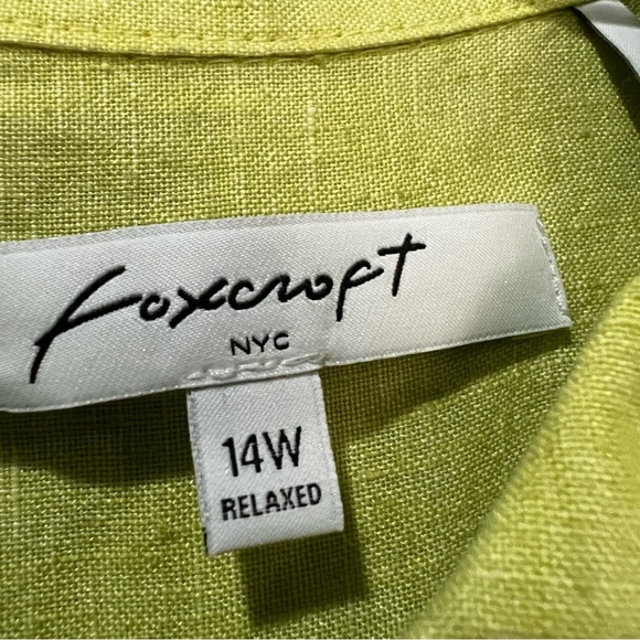 Foxcroft 14W Relaxed Chartreuse 100% Linen Long Sleeve Button Down Shirt - Picture 5 of 6